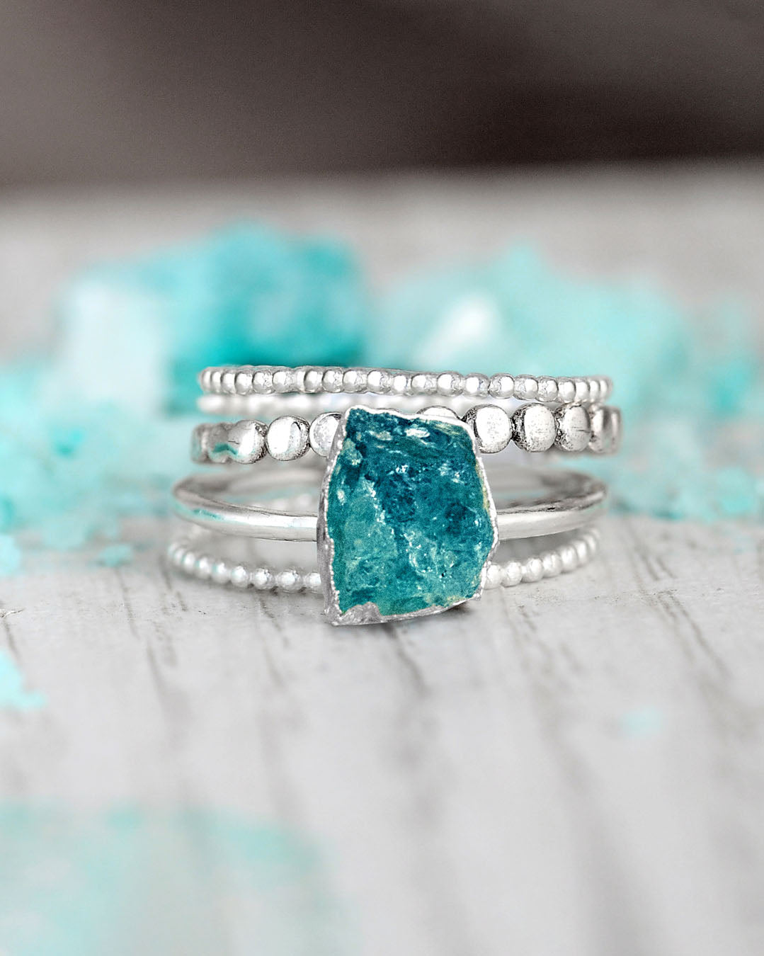 Raw Apatite Silver Stacking Ring Set