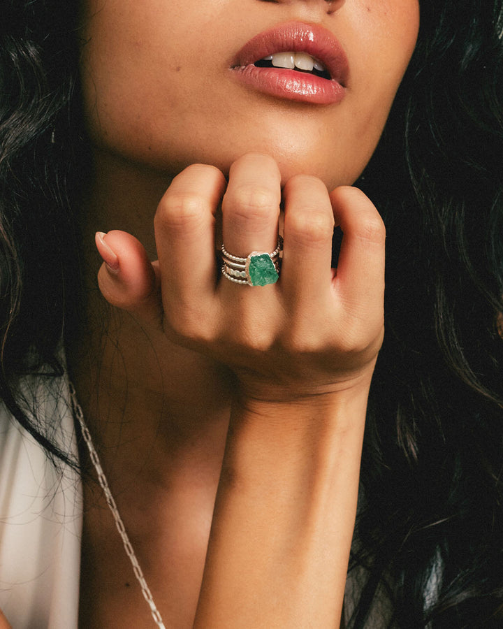 Raw Green Aventurine Silver Stacking Ring Set