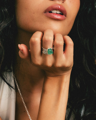 Raw Green Aventurine Silver Stacking Ring Set - Boho Magic