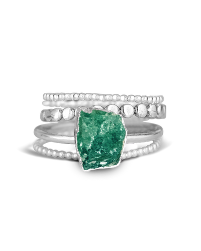 Raw Green Aventurine Silver Stacking Ring Set - Boho Magic