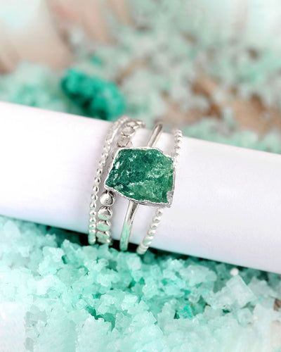 Raw Green Aventurine Silver Stacking Ring Set - Boho Magic