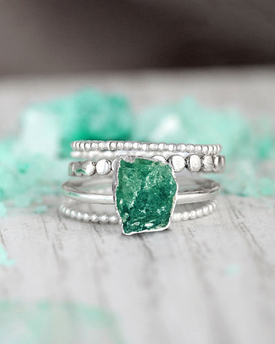 Raw Green Aventurine Silver Stacking Ring Set - Boho Magic