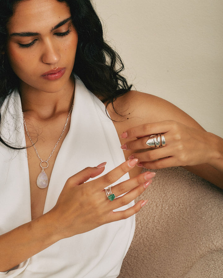 Raw Green Aventurine Silver Stacking Ring Set