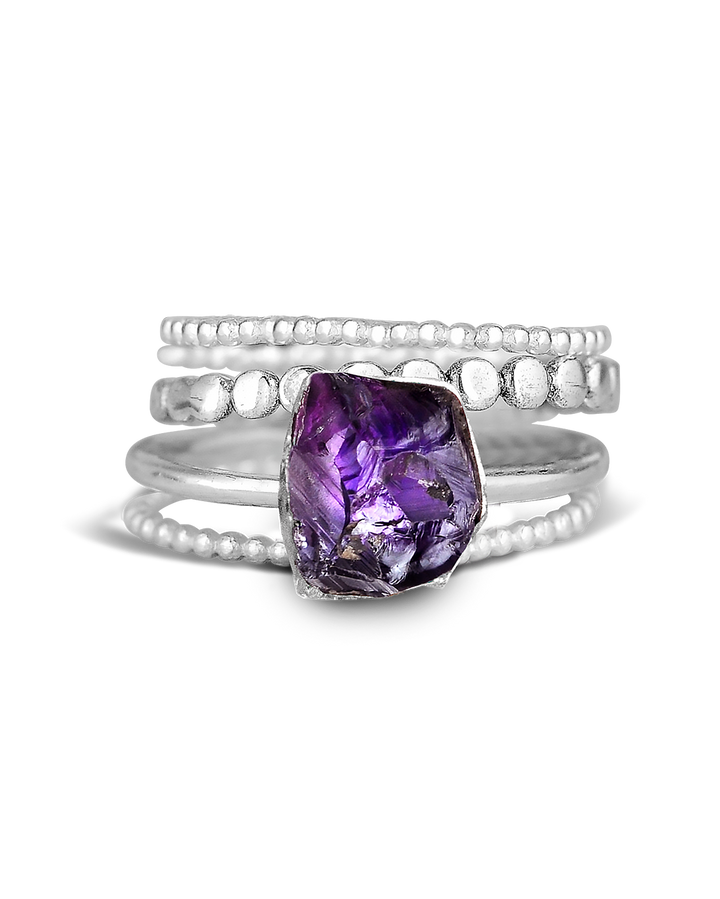 Raw Amethyst Silver Stacking Ring Set