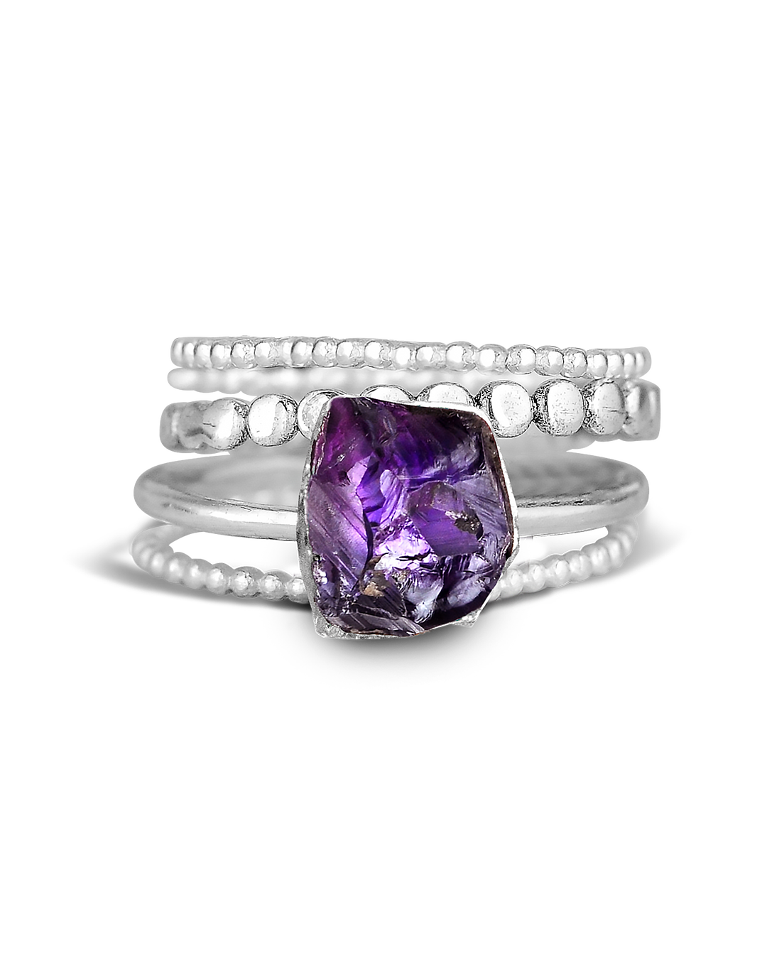 Raw Amethyst Silver Stacking Ring Set