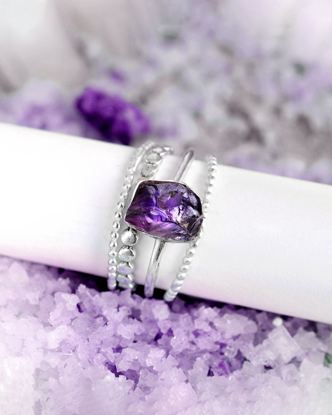 Raw Amethyst Silver Stacking Ring Set