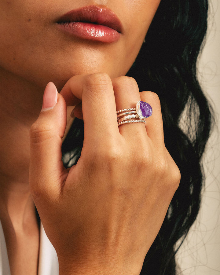 Raw Amethyst Silver Stacking Ring Set