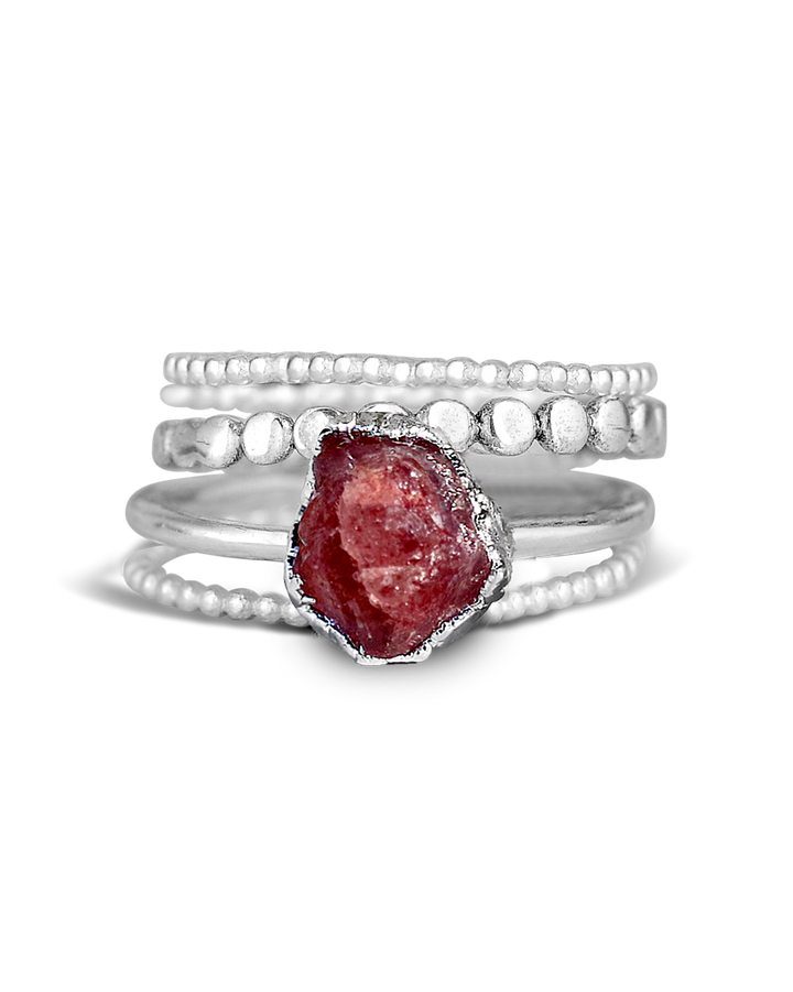 Raw Strawberry Quartz Silver Stacking Ring Set