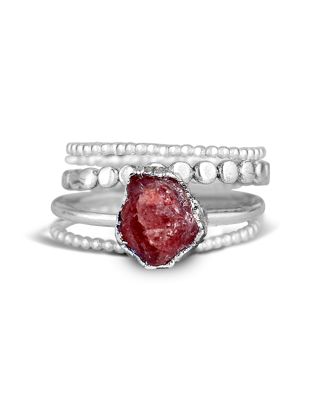 Raw Strawberry Quartz Silver Stacking Ring Set