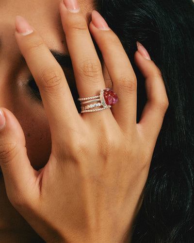 Raw Strawberry Quartz Silver Stacking Ring Set - Boho Magic