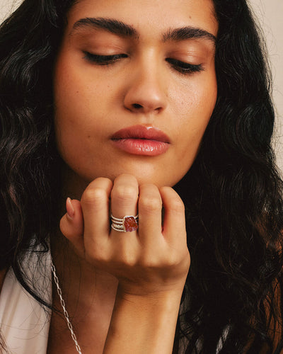 Raw Strawberry Quartz Silver Stacking Ring Set - Boho Magic