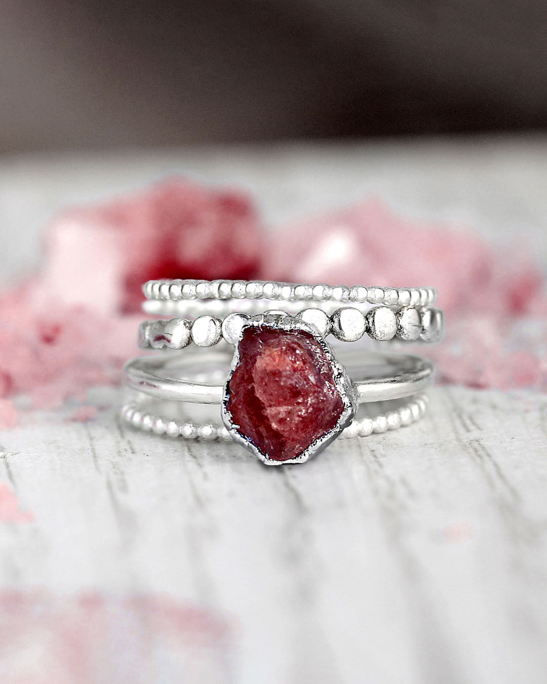 Raw Strawberry Quartz Silver Stacking Ring Set