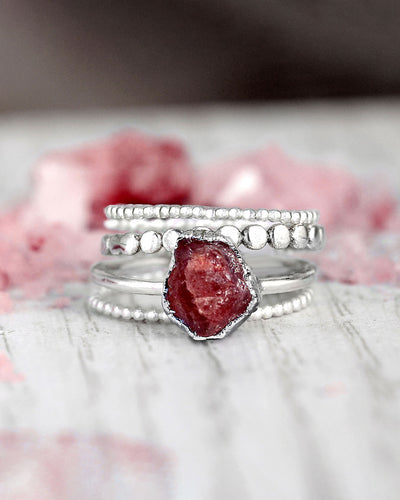 Raw Strawberry Quartz Silver Stacking Ring Set - Boho Magic