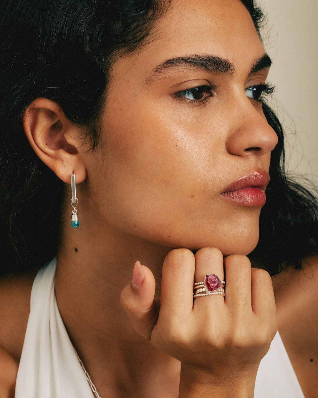 Raw Strawberry Quartz Silver Stacking Ring Set