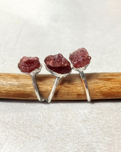 Raw Strawberry Quartz Silver Stacking Ring Set - Boho Magic