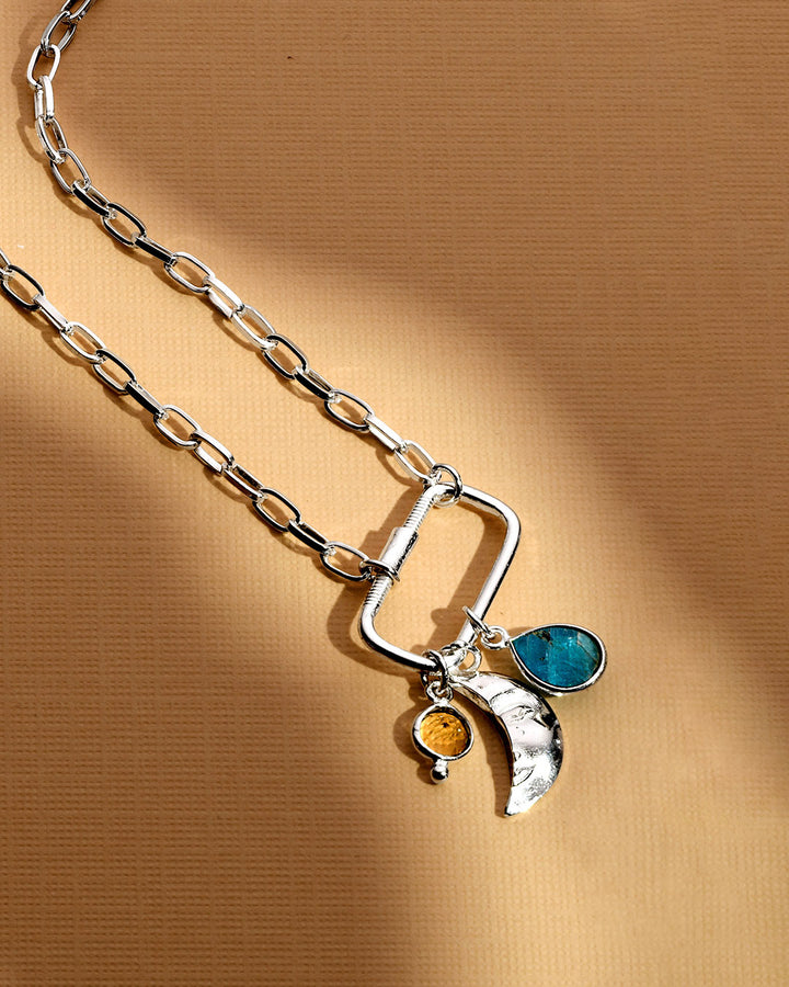 Moon Face Apatite Citrine Carabiner Necklace