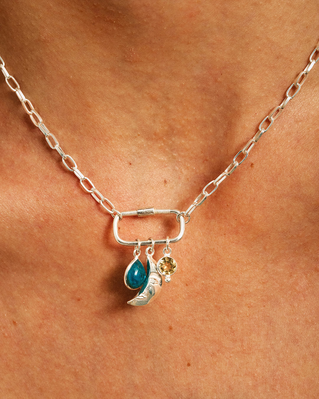 Moon Face Apatite Citrine Carabiner Necklace