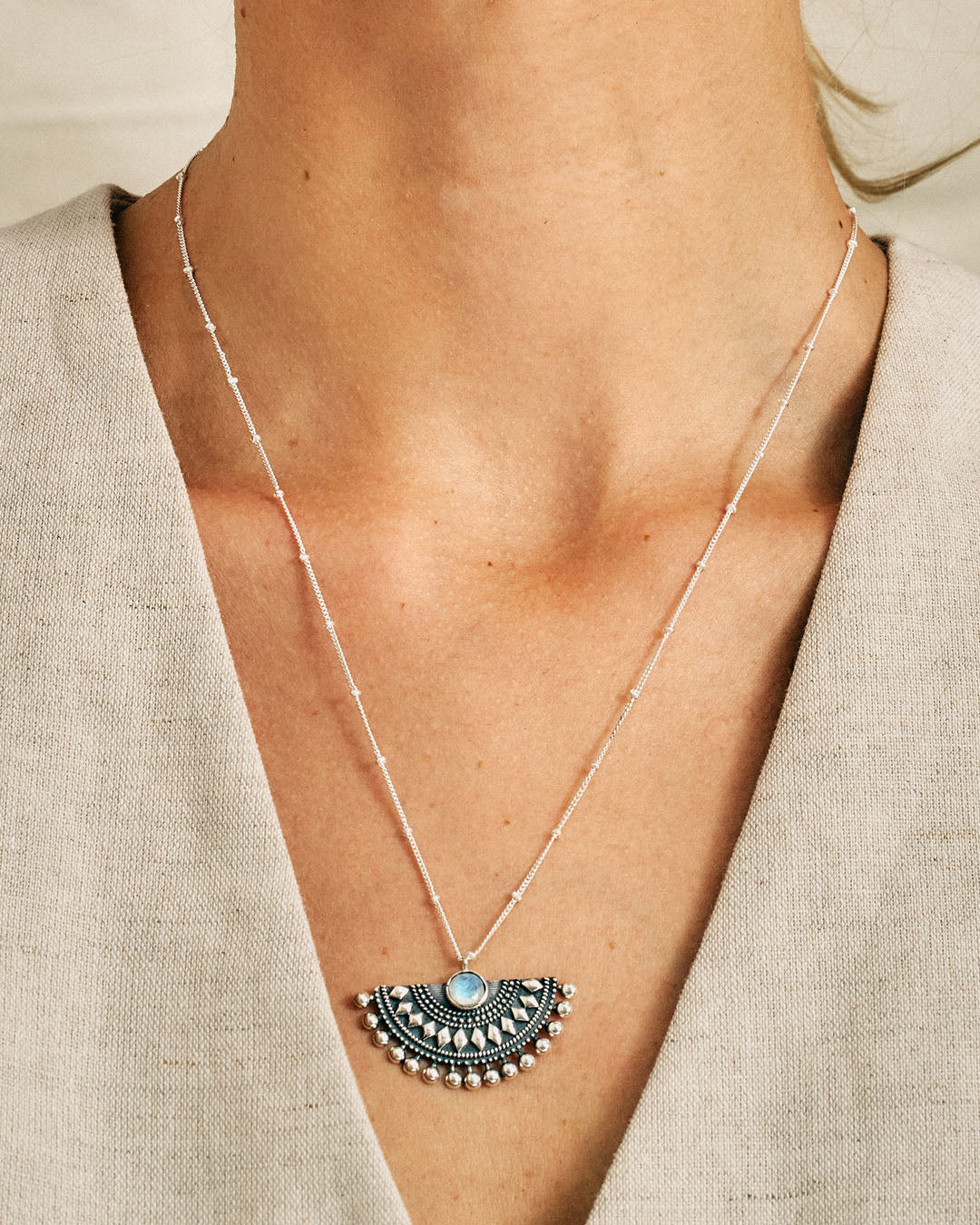Moonstone Vintage Fan Pendant Necklace – Boho Magic Jewelry