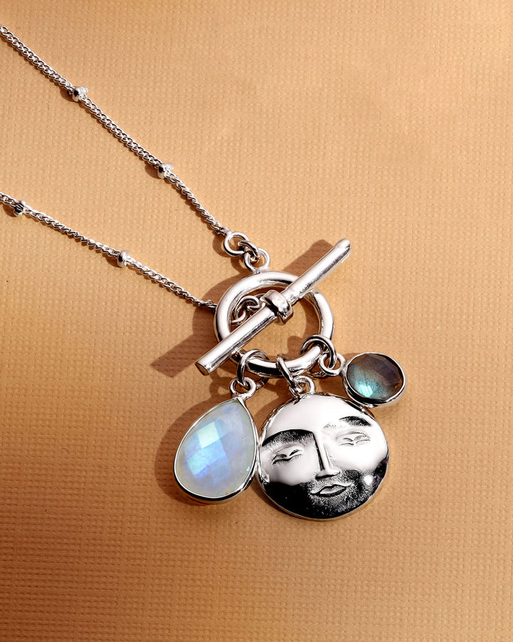 Labradorite Moonstone Moon Face Necklace