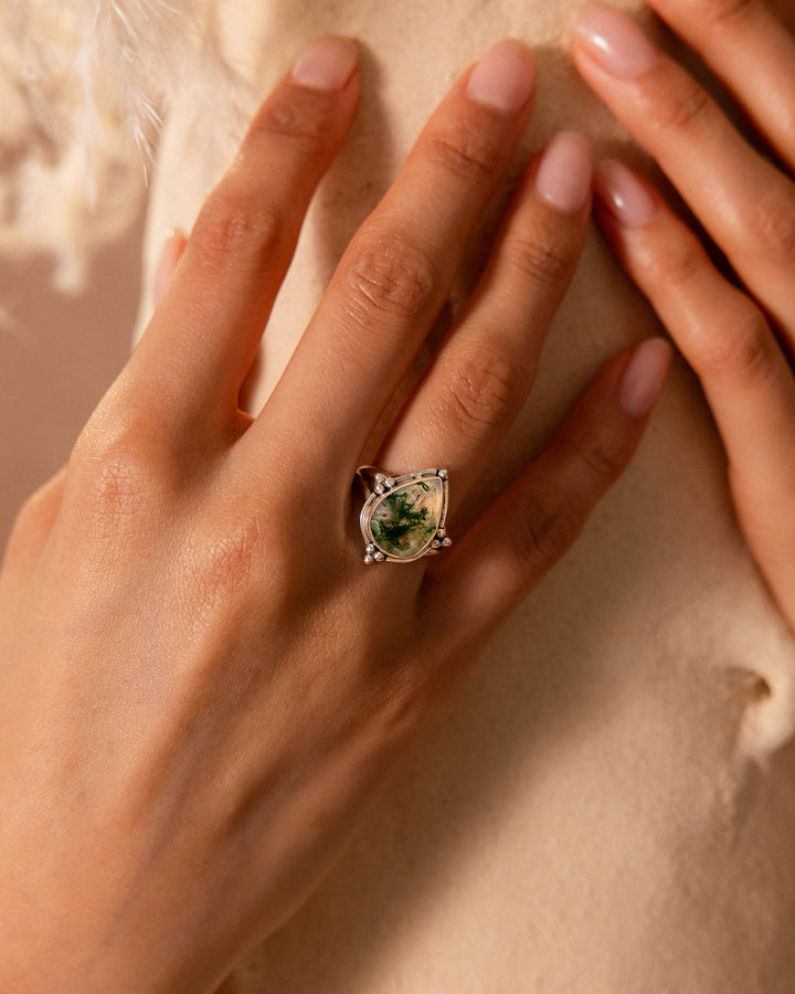 Moss Agate Teardrop Ring