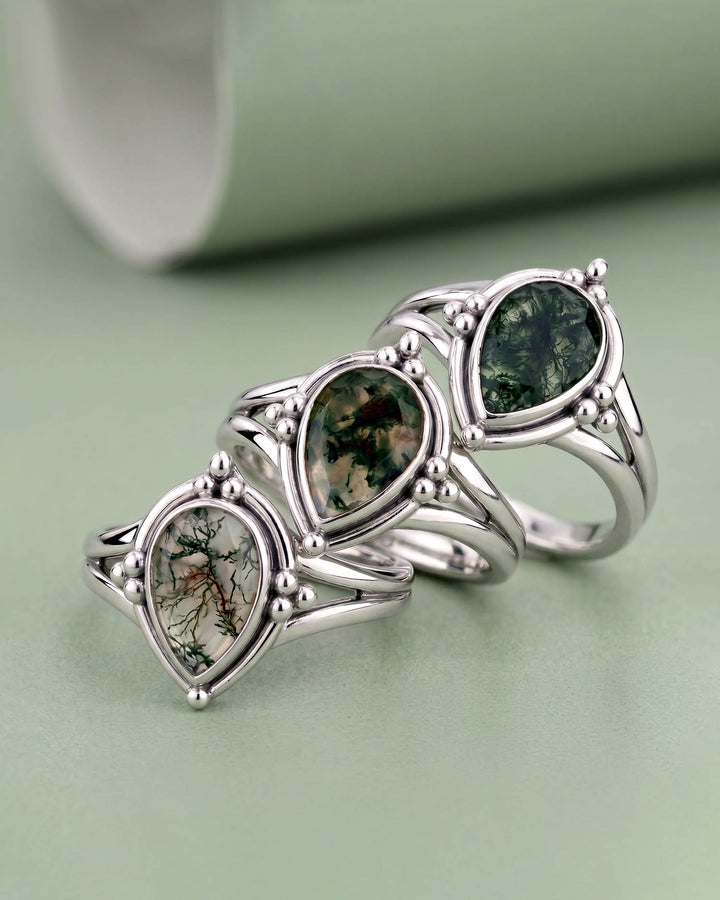 Moss Agate Teardrop Ring