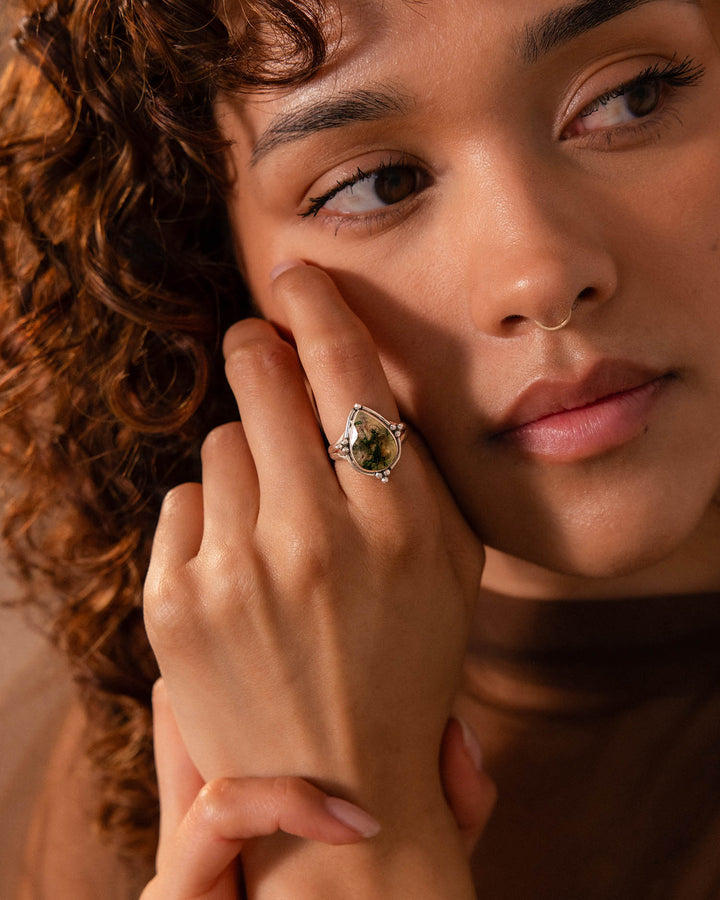 Moss Agate Teardrop Ring