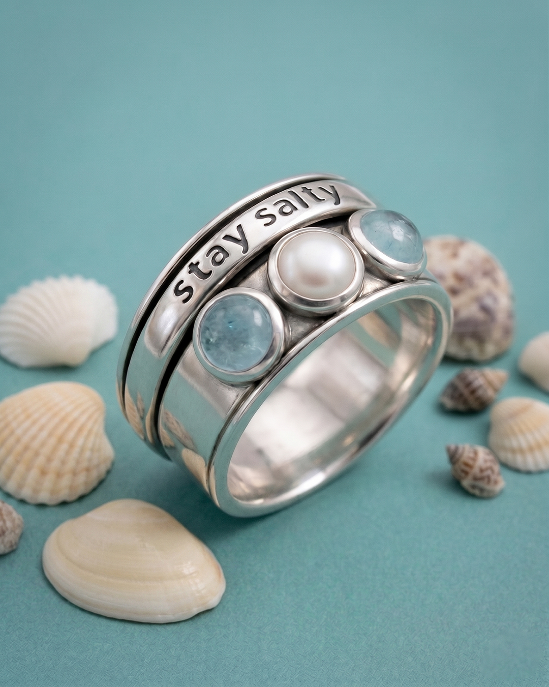 Stay Salty, Pearl and Aquamarine Fidget Ring