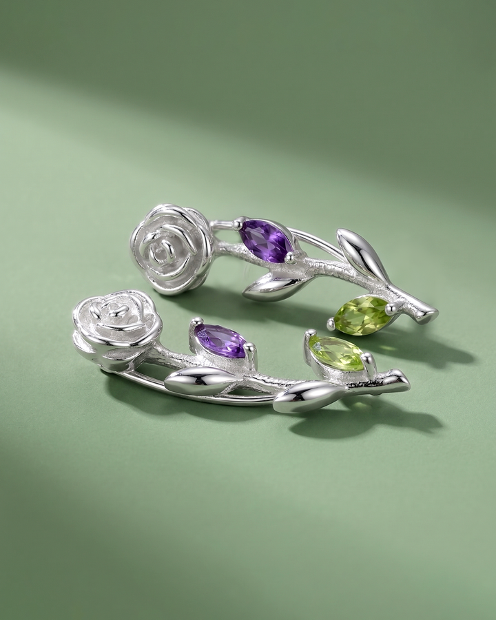 Garden Amethyst and Peridot Rose Climber Earrings