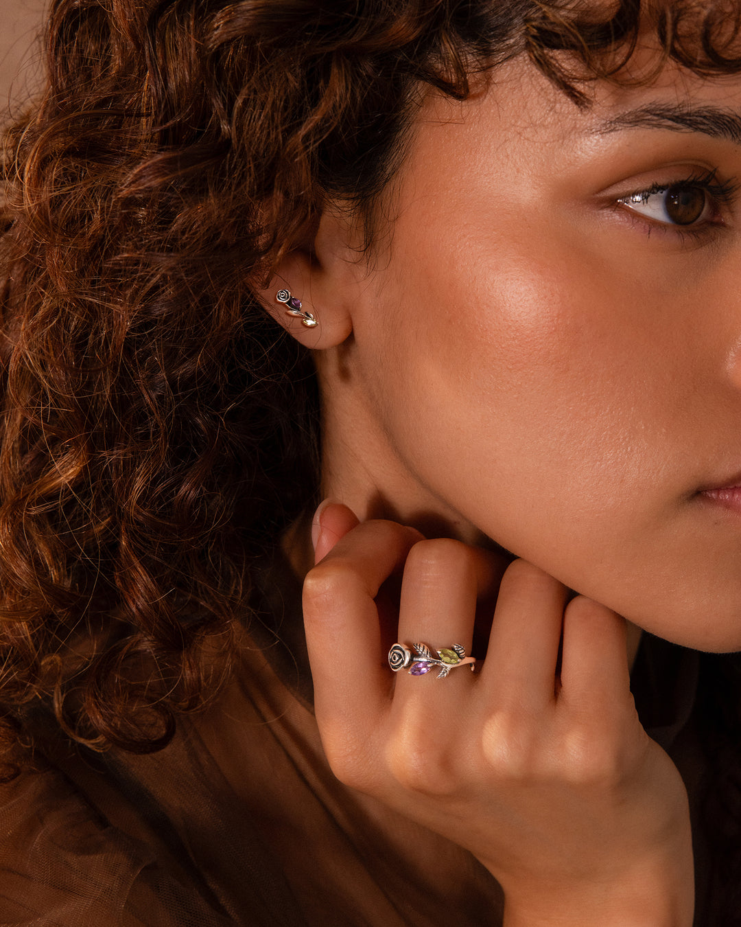 Garden Amethyst and Peridot Rose Climber Earrings