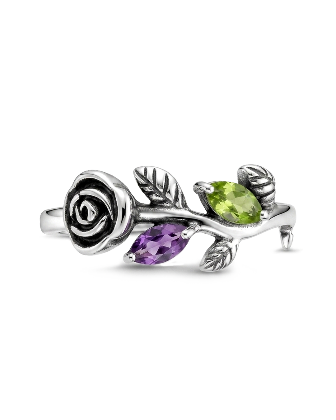 Garden Amethyst and Peridot Rose Ring