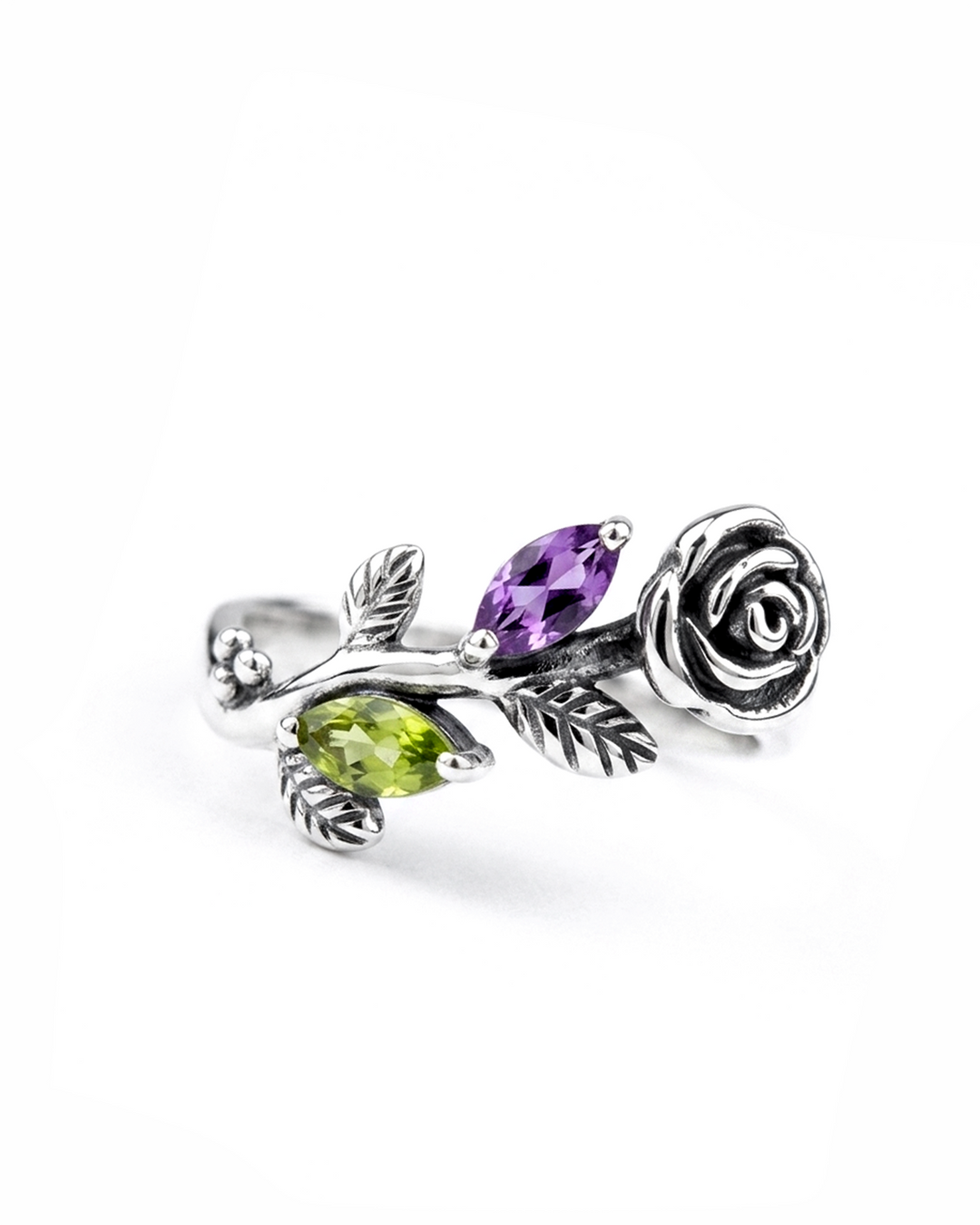 Garden Amethyst and Peridot Rose Ring