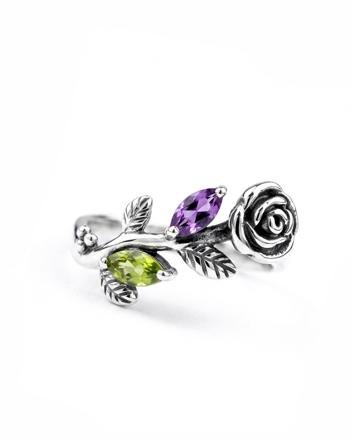 Garden Amethyst and Peridot Rose Ring