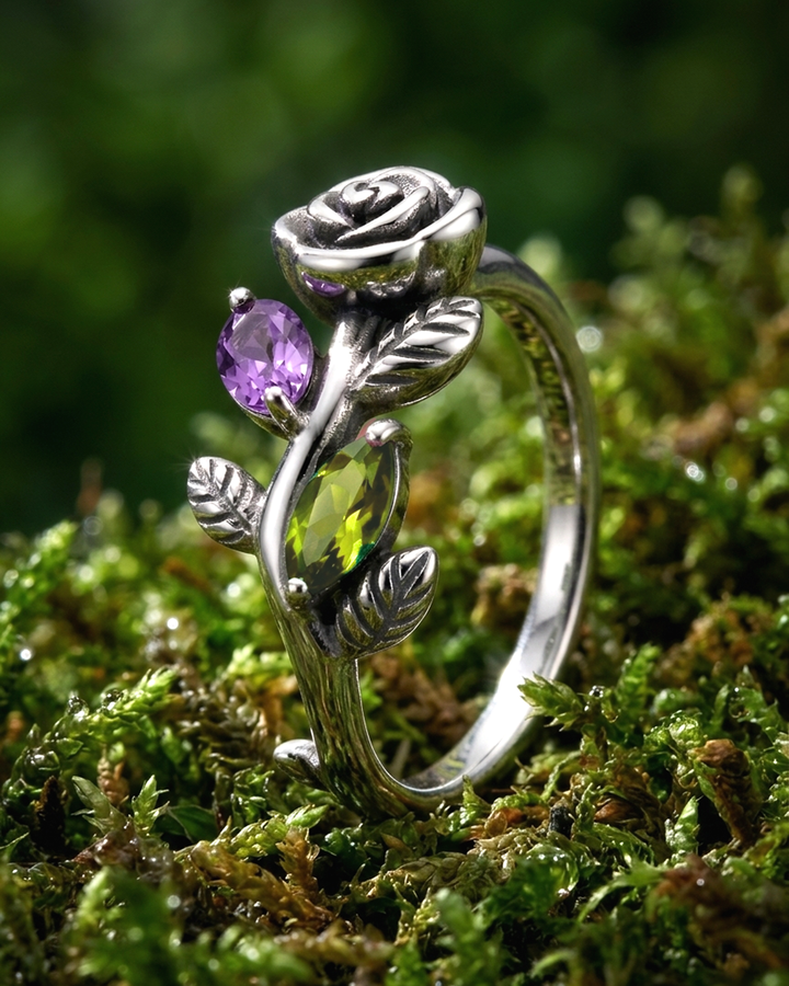 Garden Amethyst and Peridot Rose Ring
