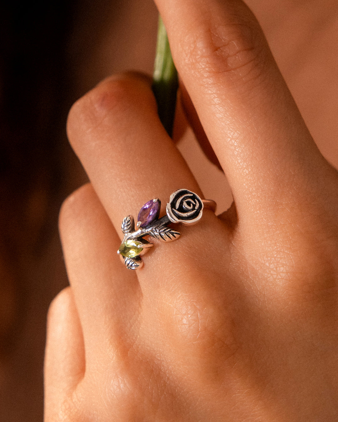 Garden Amethyst and Peridot Rose Ring