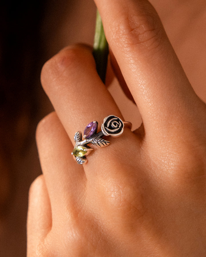 Garden Amethyst and Peridot Rose Ring