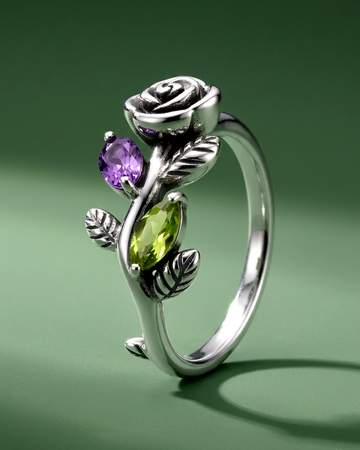 Garden Amethyst and Peridot Rose Ring