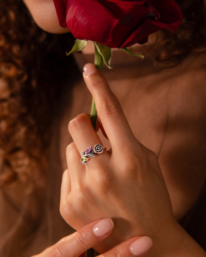Garden Amethyst and Peridot Rose Ring
