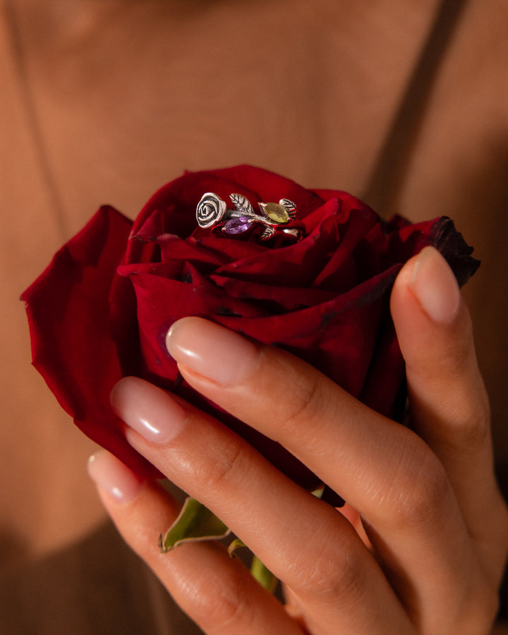 Garden Amethyst and Peridot Rose Ring
