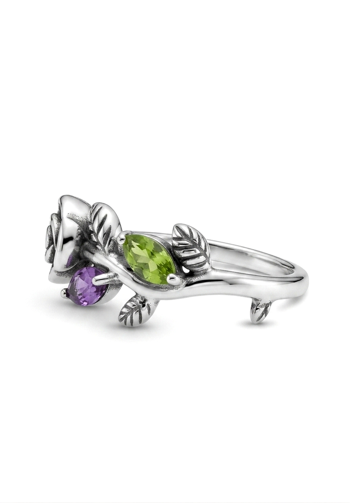 Garden Amethyst and Peridot Rose Ring
