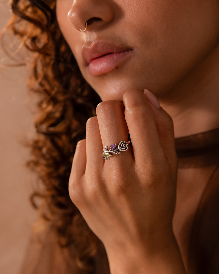 Garden Amethyst and Peridot Rose Ring