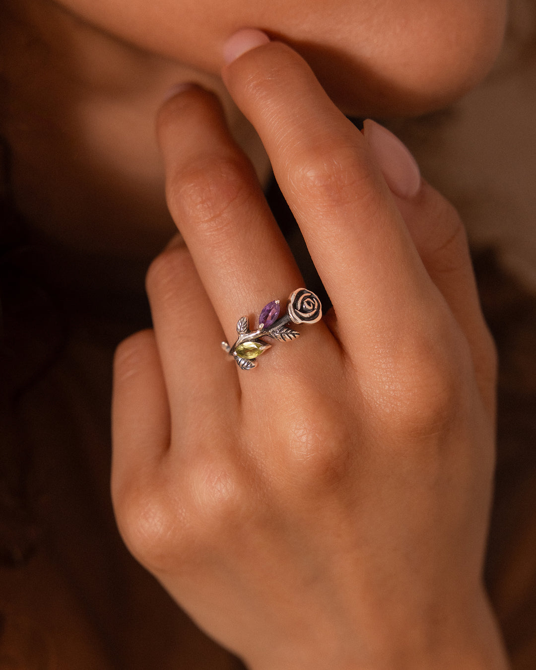 Garden Amethyst and Peridot Rose Ring