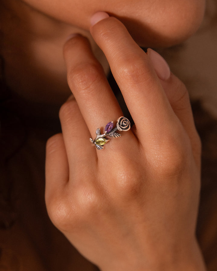 Garden Amethyst and Peridot Rose Ring