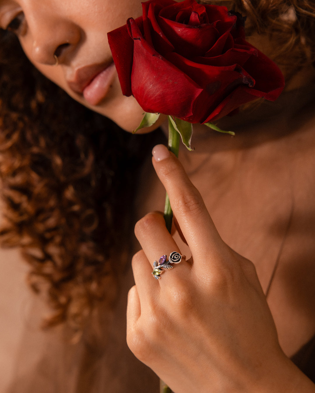 Garden Amethyst and Peridot Rose Ring