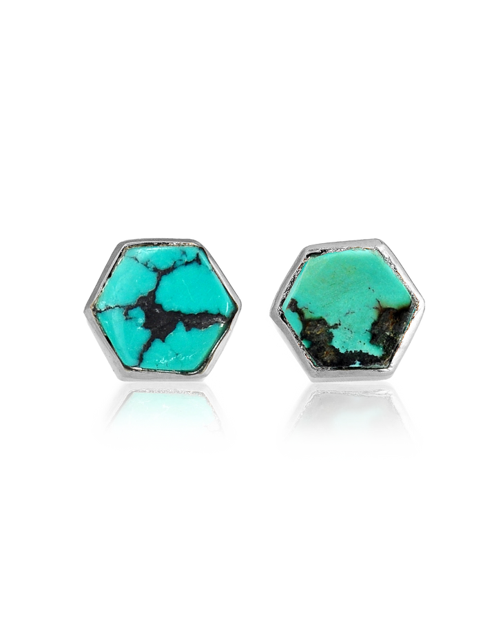 Hexagon Silver Turquoise Earrings