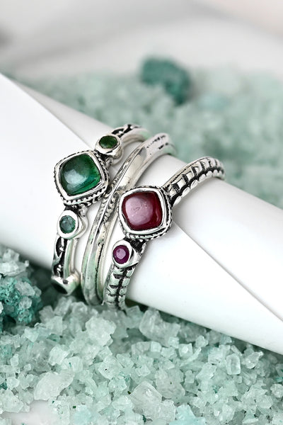 Ruby and Emerald Stackable Ring Set - Boho Magic