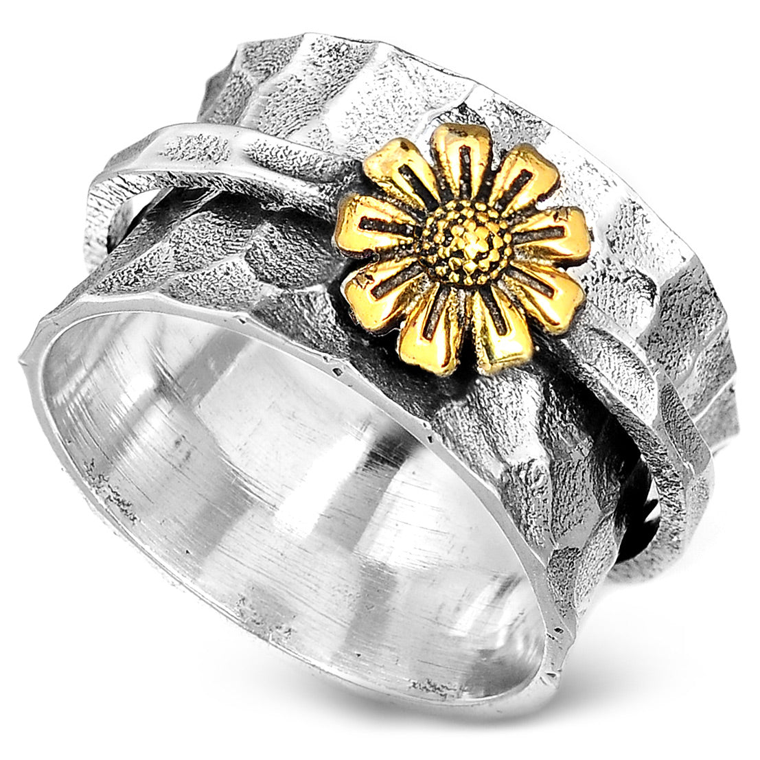 Spinner Sunflower Wide Ring Sterling Silver – Boho Magic Jewelry