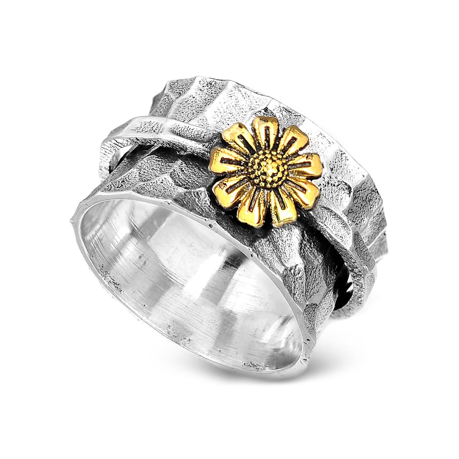 Spinner Sunflower Wide Ring Sterling Silver – Boho Magic Jewelry