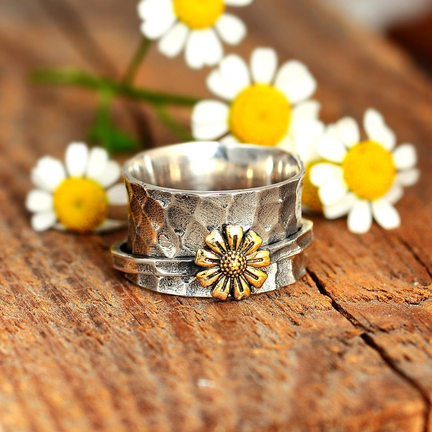 Spinner Sunflower Wide Ring Sterling Silver