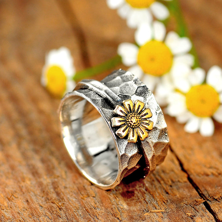 Spinner Sunflower Wide Ring Sterling Silver