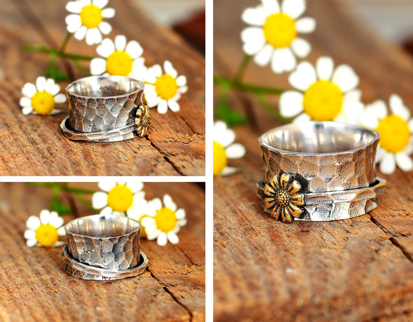 Spinner Sunflower Wide Ring Sterling Silver